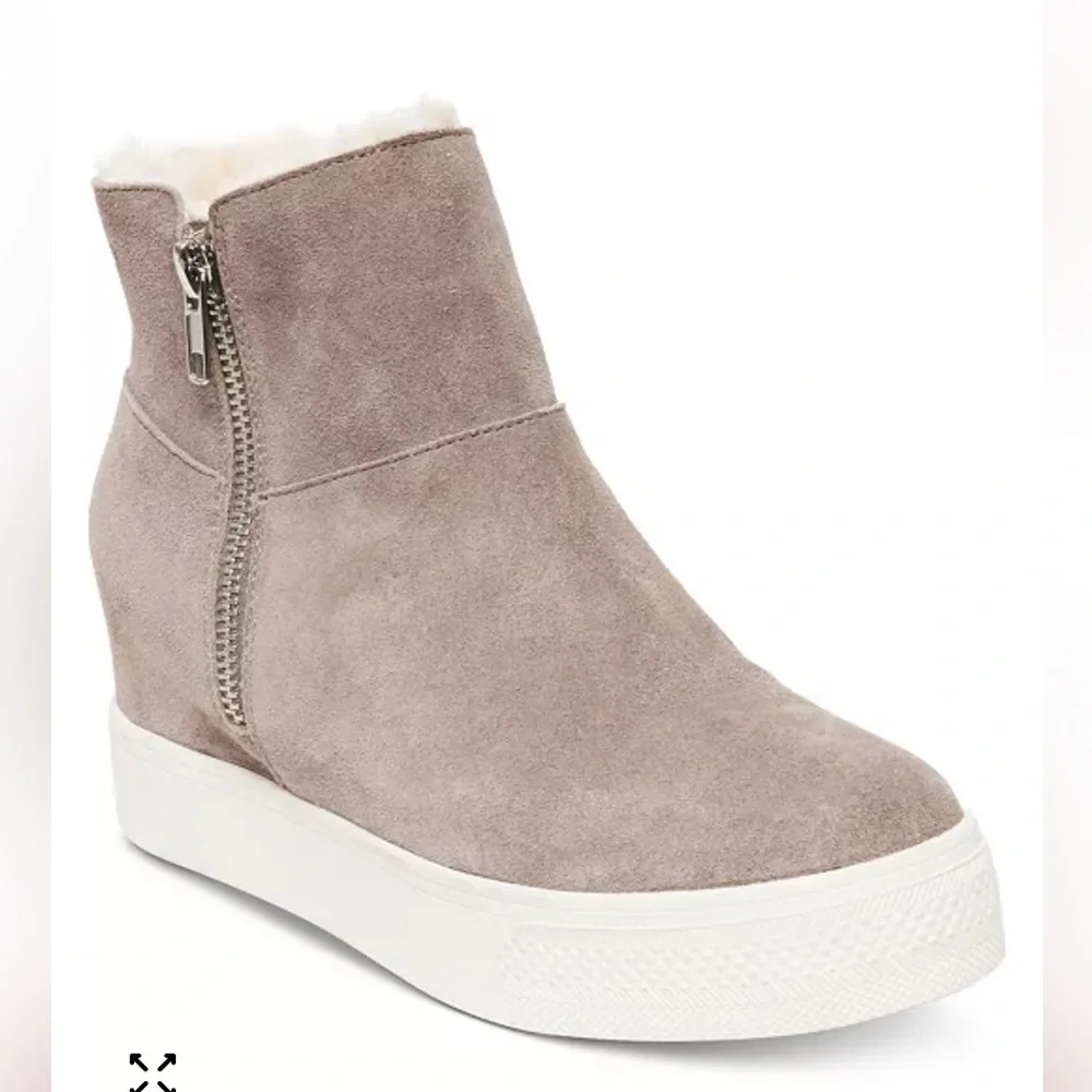 Steve Madden Women's Wanda Faux Fur Wedge Sneaker in Taupe Suede - Picture 3 of 9